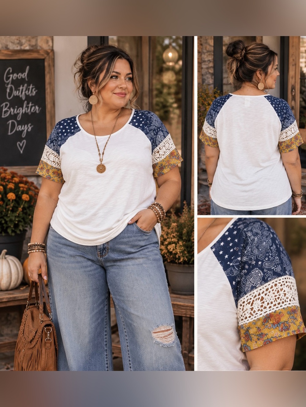 CATO Colorblock Paisley Crochet Baseball Tee EUC